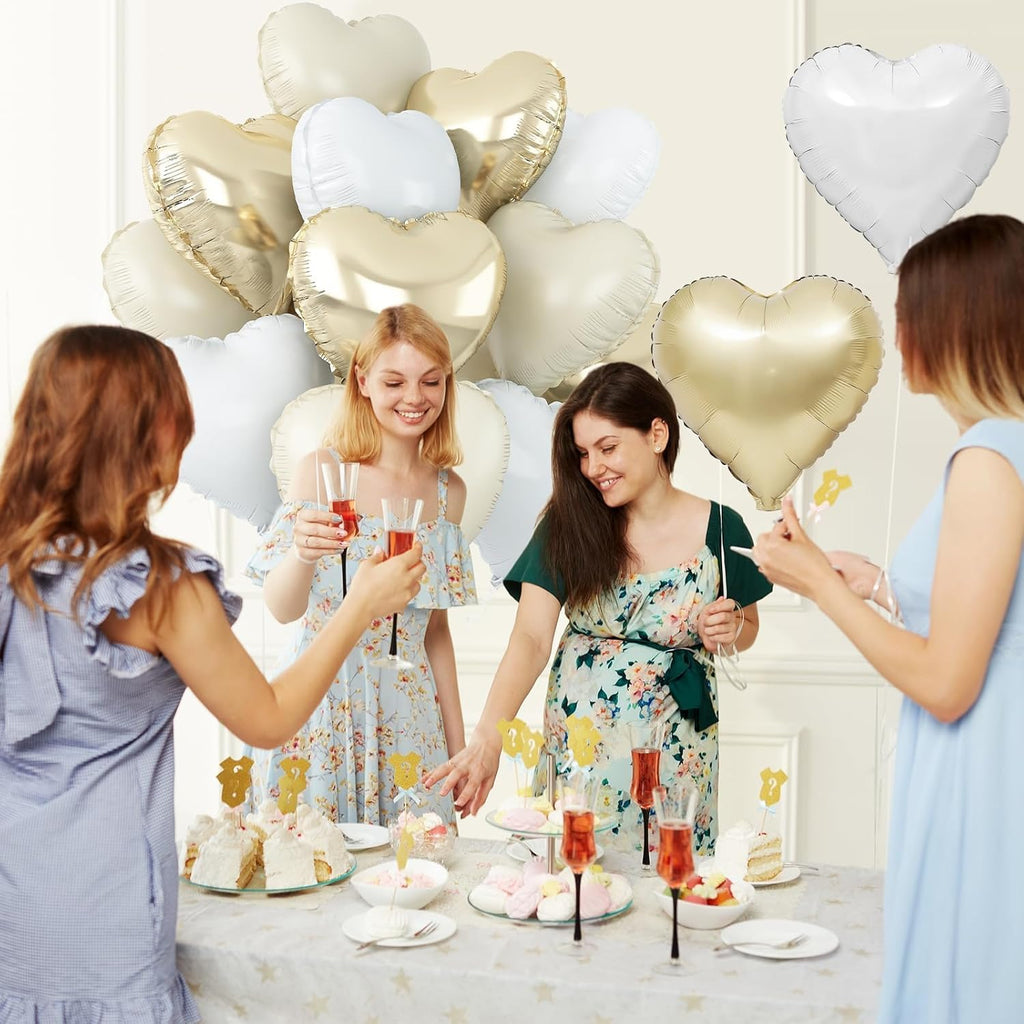 Skiennix Heart Balloons - 12Pcs Cream White & Gold Foil Balloons | 18-Inch Beige Helium Decor for Baby Showers & Weddings
