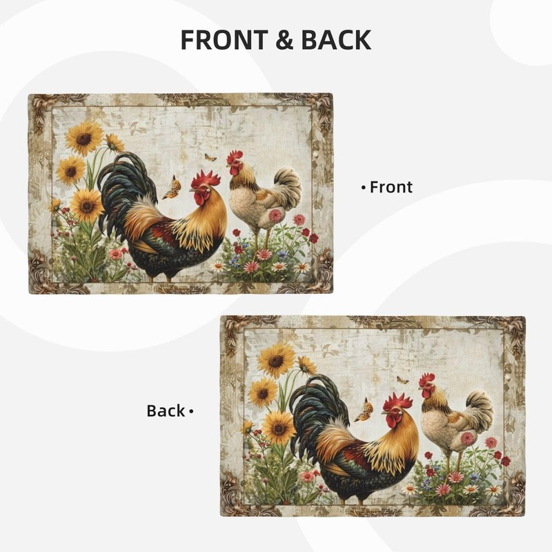 Rooster Placemats Set of 6 Farmhouse Roosters Imitation Linen Placemat Vintage Rustic Chicken Heat Resistant Dining Daisy Flowers Table Place for Kitchen Indoor Restaurants Party 12''x18''