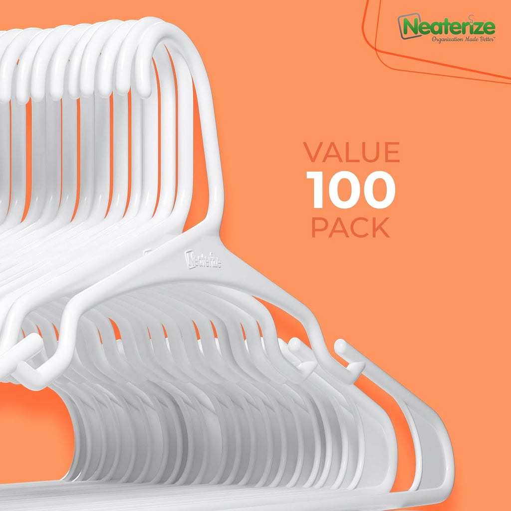 Neaterize Clothes Hangers - Space-Saving Plastic Hangers for Adults | 100-Pack in White