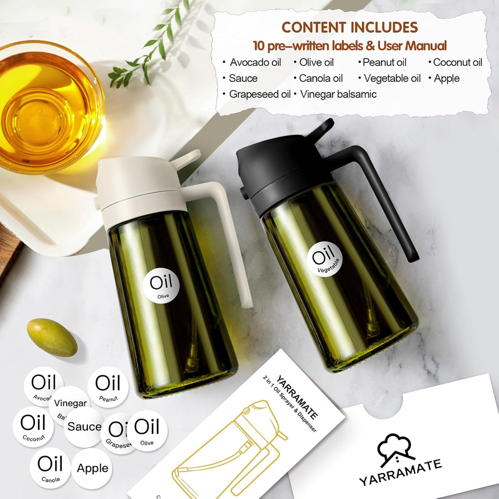 YARRAMATE 16oz Dark Oil Sprayer - 2-in-1 Olive Oil Dispenser Bottle | Premium Food-Grade Glass