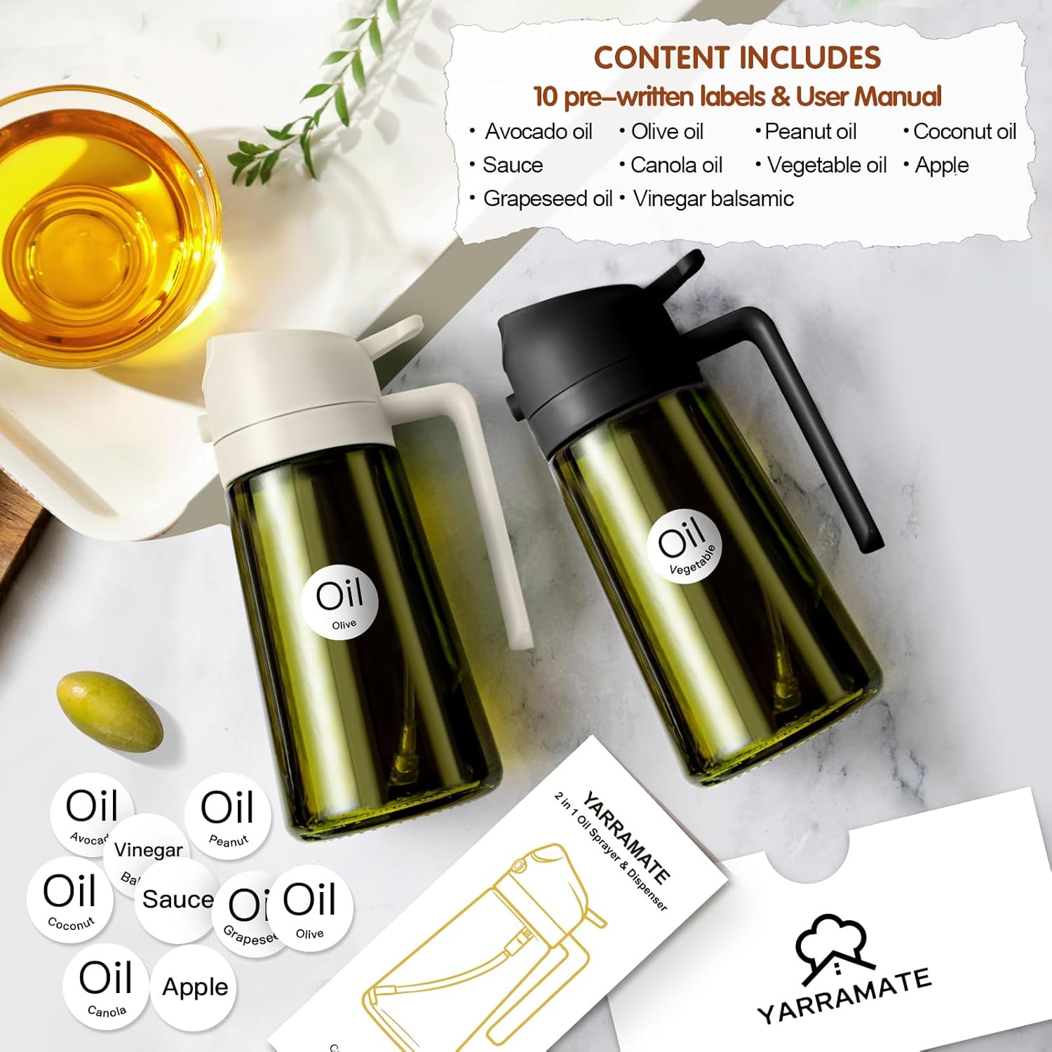 YARRAMATE 16oz Dark Oil Sprayer - 2-in-1 Olive Oil Dispenser Bottle | Premium Food-Grade Glass