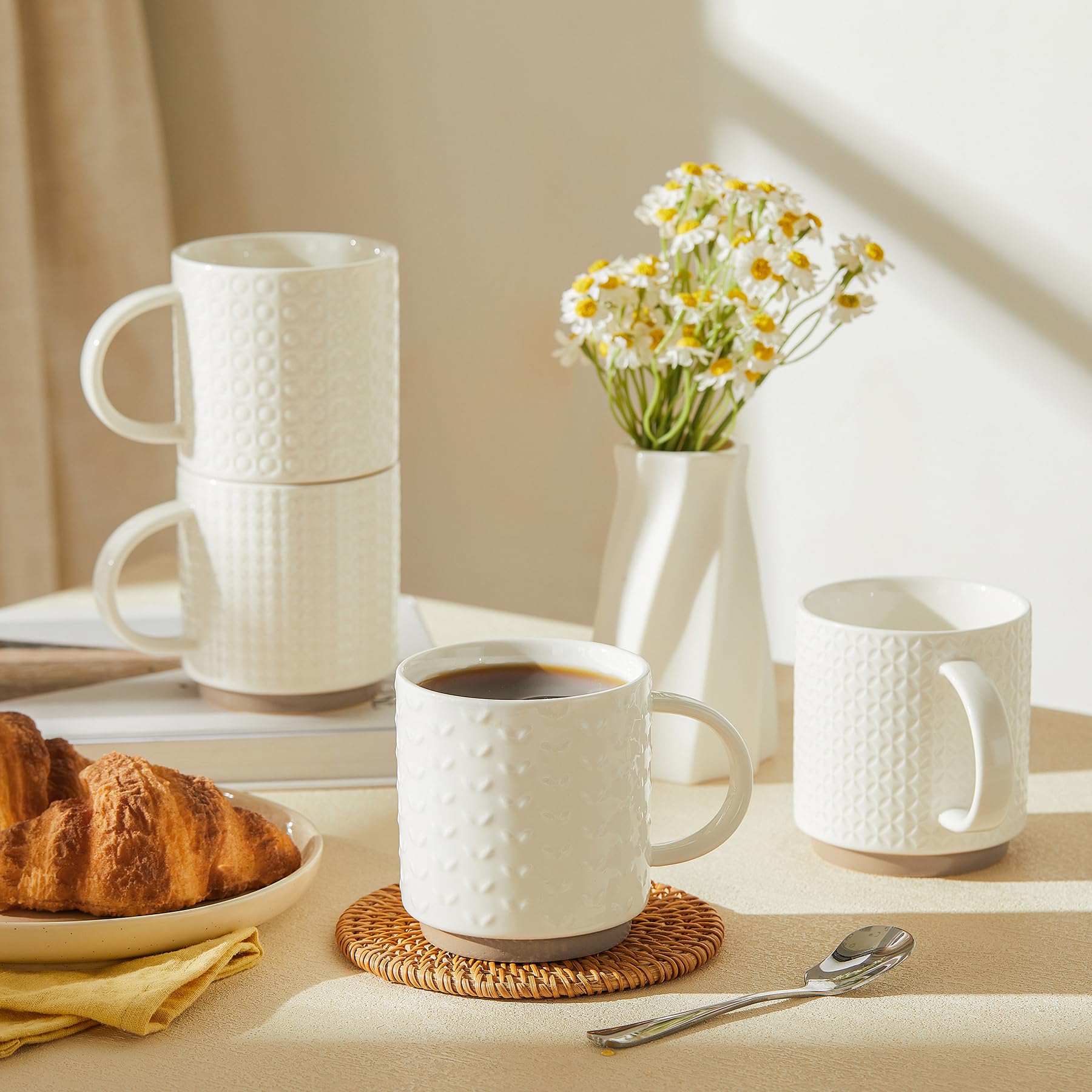 Sweese Stackable Coffee Mugs Set of 4, 10 oz Porcelain Coffee Cups with Embossed Design, White Cappuccino Cups for Coffee, Latte