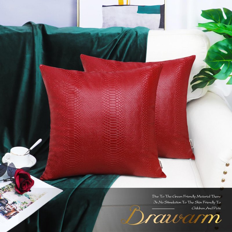 BRAWARM Christmas Red Leather Throw Pillows 22 X 22 Inches, Snake Leather Pillow Covers Pack of 2, Faux Leather Decorative Pillow Covers for Couch Living Room Garden Bed Sofa Home