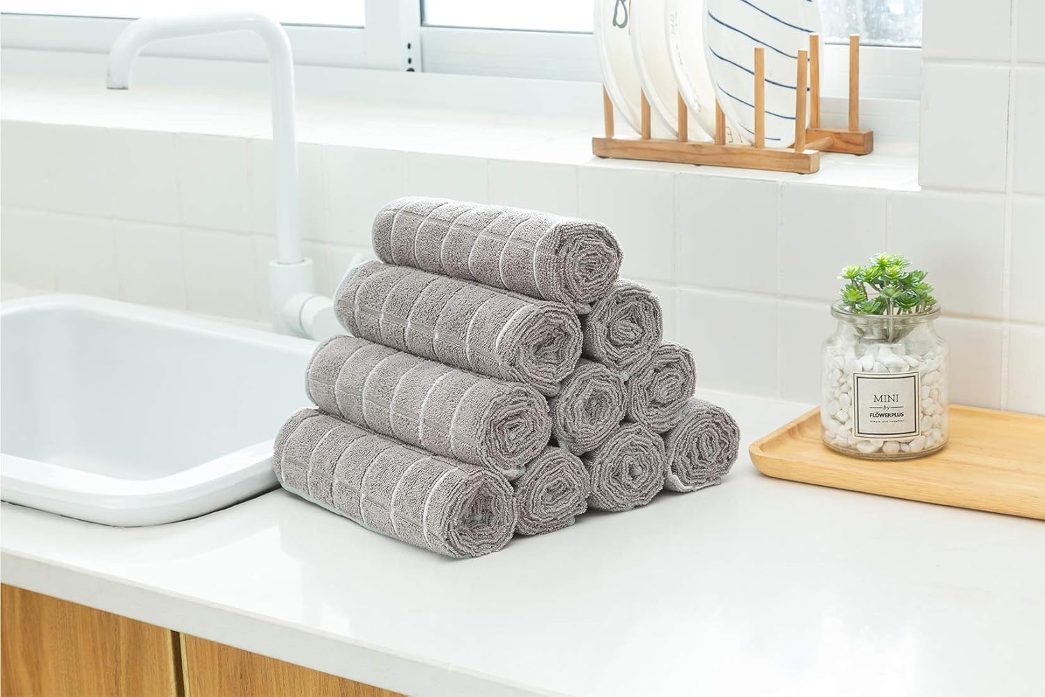 Skiennix Microfiber Dish Towels - Soft, Super Absorbent & Lint-Free - 8 Pack in Gray Lattice Design | 26 x 18 Inch