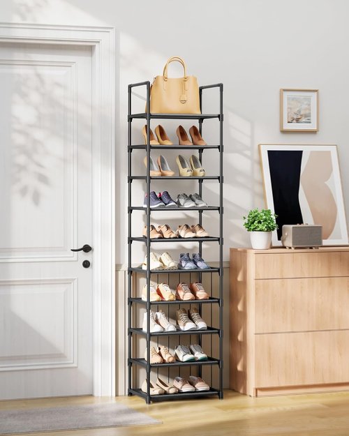Kitsure Shoe Rack - 10-Tier Tall Organizer with Detachable Fabric Shelves | 16.9" Wide, Black