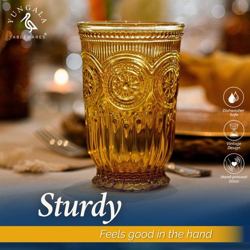 Yungala Amber Highball Glasses Set of 6 10 oz Vintage Hobnail Tall Drinking Glasses