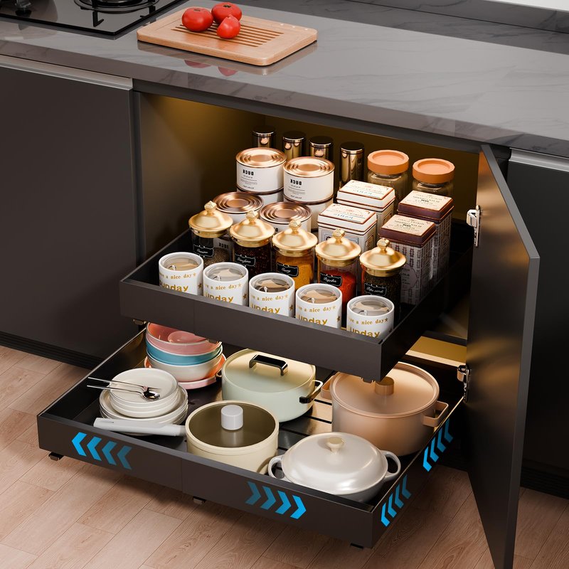 Pull Out Cabinet Organizer,Expandable(12.5"-20.6"W) Heavy Duty Slide Out Drawers Fixed with Adhesive Nano Film No Drill,Roll Out Cabinet Drawers for Kitchen,Bathroom,Pantry,16.5" Deep Black 2PC