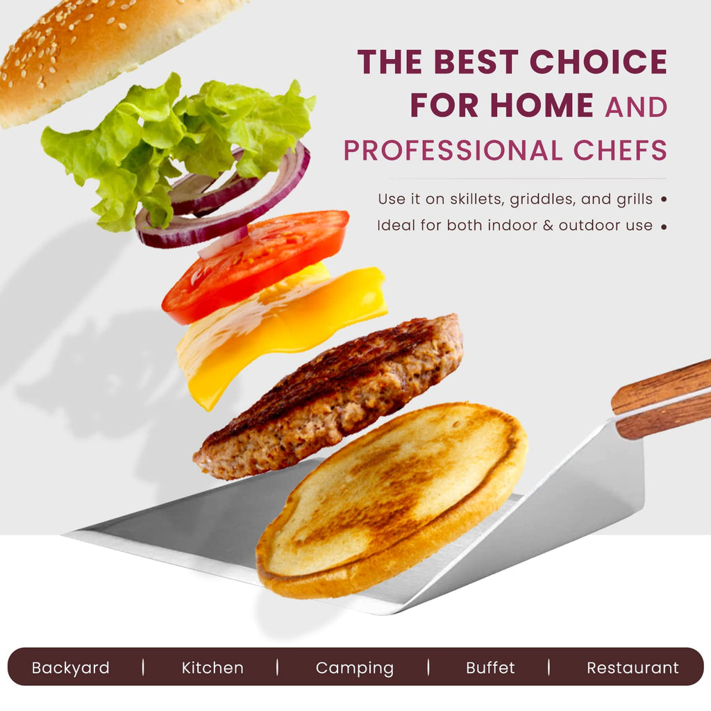 Extra Wide Spatula with Beveled Edges, Oversized Stainless-Steel Spatula with Wood Handle for Skillets, Griddles & Pancake Flipper for Burgers, Omelet, and Versatile for Culinary Task, 6 x 5-inches