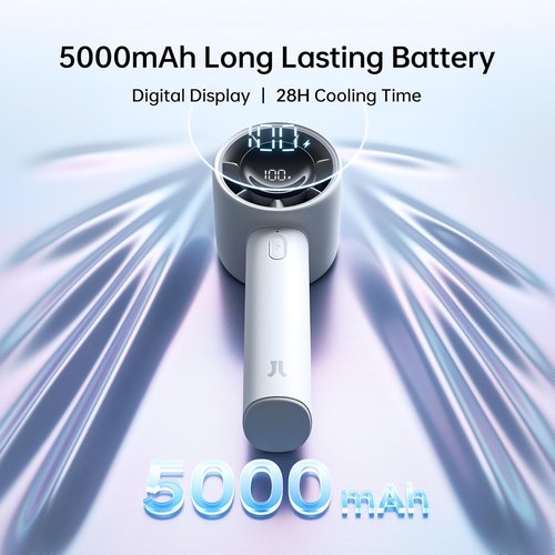 JISULIFE Handheld Turbo Fan - 5000mAh Rechargeable Portable Fan | 28 Hours Runtime, 5 Speed, Gray
