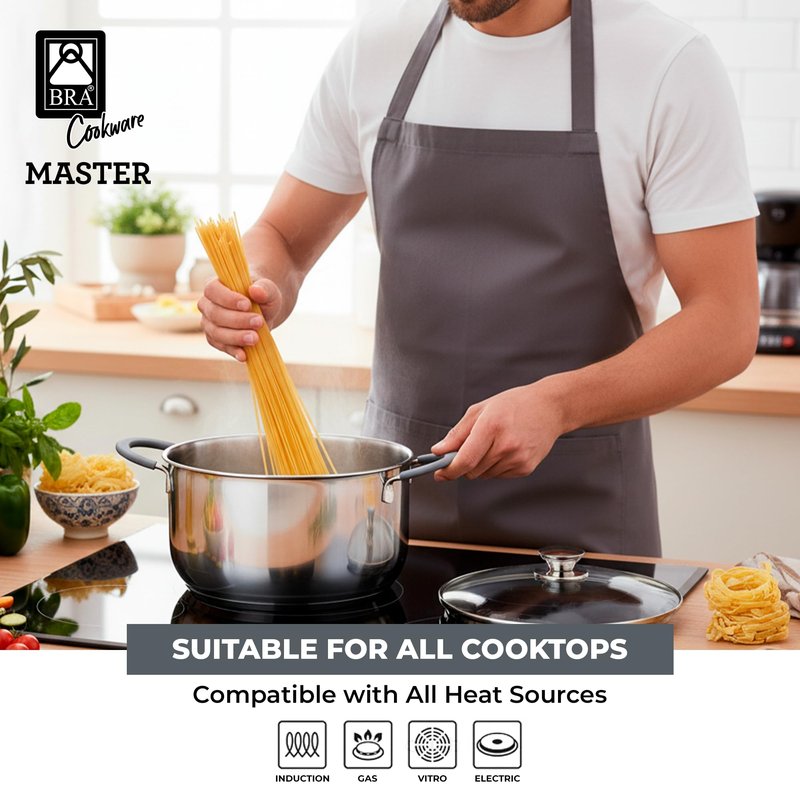BRA COOKWARE Master Stainless Steel Stock Pot w/Glass Lid | 8 Inch 2.4 Quart Premium 18/10 Cooking Pot | PFAS Free Deep Pot | Silicone Coated Handles | All Cooktops (incl. Induction) | Shiny Finish