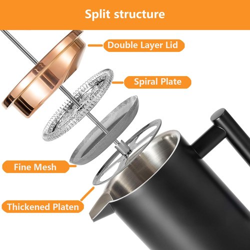 Meelio Small French Press Coffee Maker 350ml/12oz, Black Stainless Steel Double-Wall Insulated, Included 2 Extra Filters and 1 Coffee Spoon (1 Cup)