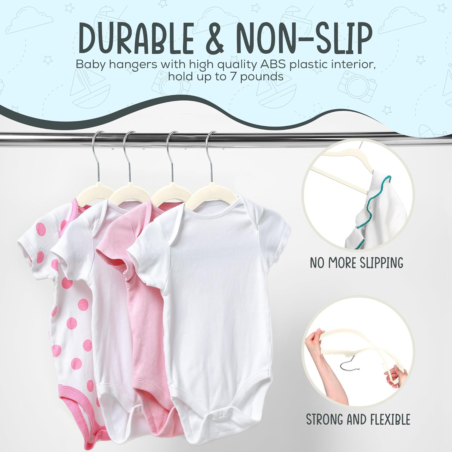 TechZoo 50 Premium Baby Velvet Hangers - Non-Slip, Ultra-Slim Closet Organizers - 360° Swivel Hook, Ivory