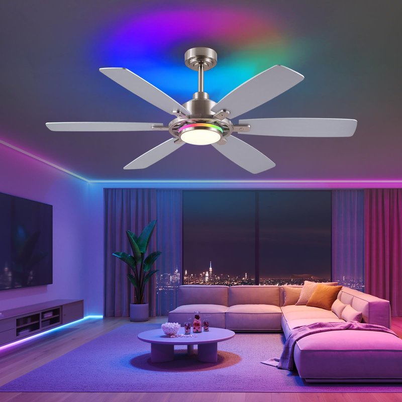 SHIHOT 54" RGB Ceiling Fans with Lights and Remote/APP,Modern Led Ceiling Fans with Quiet Reversible DC Motor,Sand Nickel