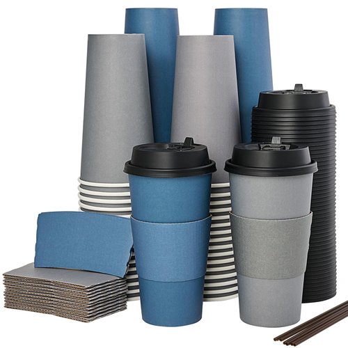 LITOPAK 100 Pack 20 oz Disposable Paper Coffee Cups with Lids, Sleeves and Stirring Sticks for Hot Coffee, Water or Juice, Blue and Gray Hot Paper Cups for Cafes, schools, offices, shops
