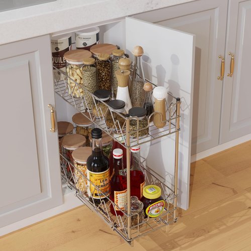 Glolaurge Narrow Pull Out Cabinet Organizer - 7" W x 21" D, 2-Tier Kitchen Cabinet Drawer Slide Out Shelves, Chrome
