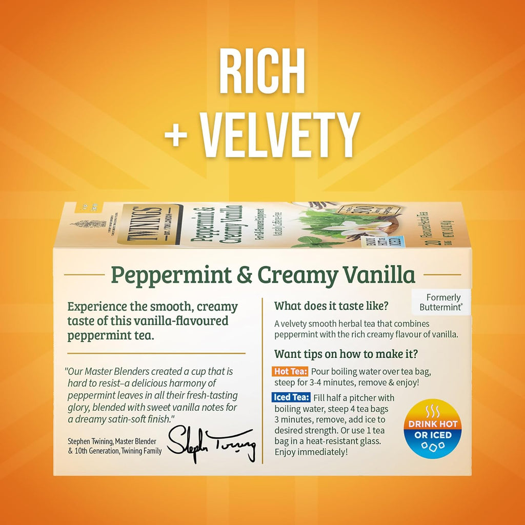 Twinings Peppermint & Creamy Vanilla Herbal Tea - Caffeine-Free, 20 Individually Wrapped Bags (Pack of 6)