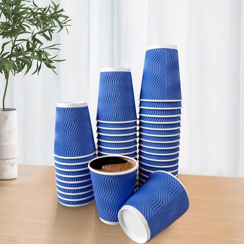 V VAMEI 12 oz Coffee Cups 100 Count, Disposable Paper Cups 12oz, Corrugated Ripple Wall To Go Coffee Cups for Hot Beverage Party Home Office School Work Morning Coffee Bar, Blue