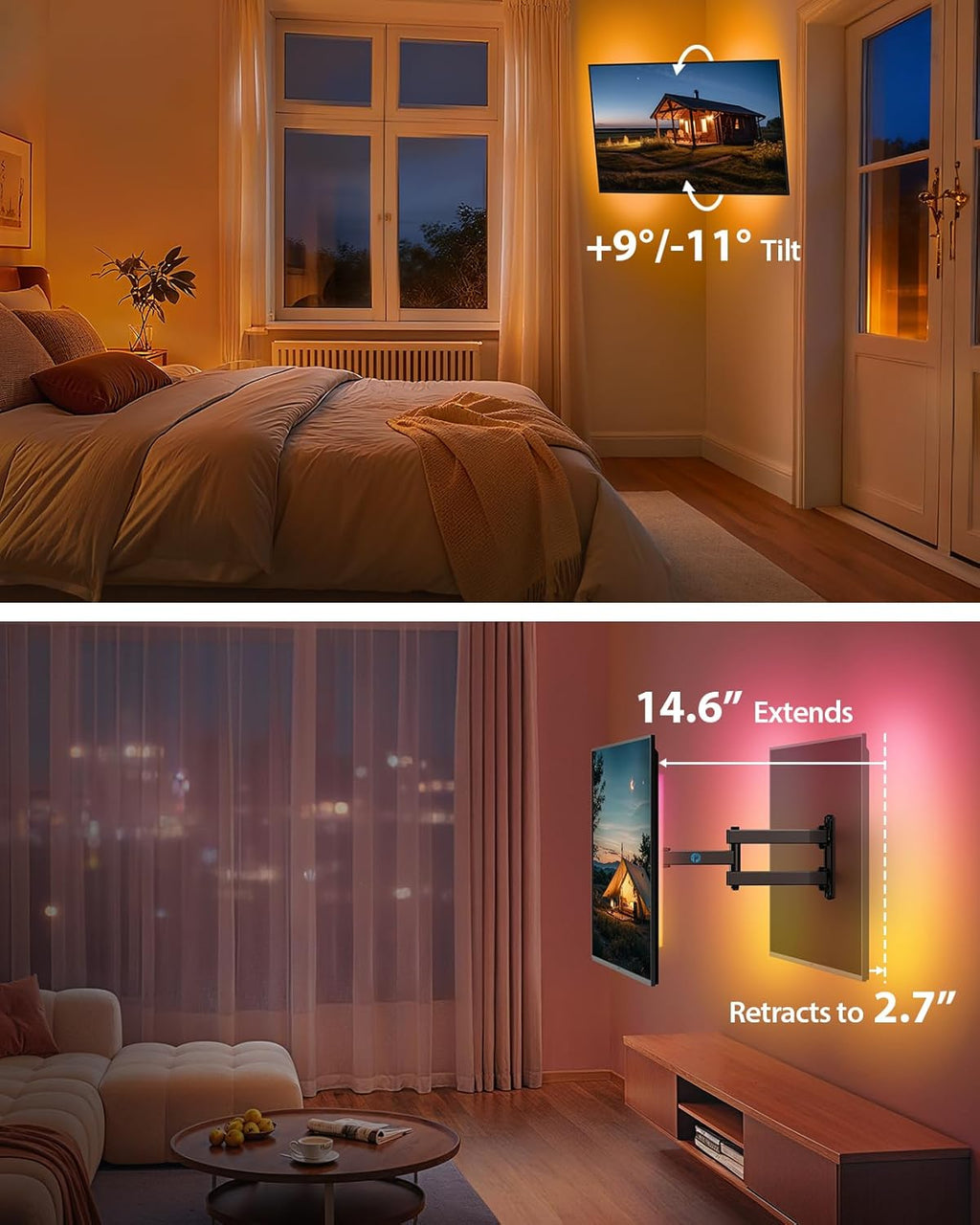Pipishell Full Motion TV Wall Mount - LED Light & Music Sync for 13"-43" TVs, Max VESA 200x200mm