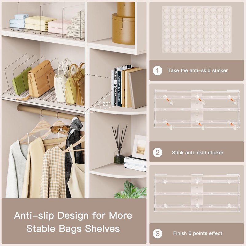 Criusia Adjustable Closet Purse Organizer Rack – 28.8" Extra-Long Shelf Divider with 12 Base Panels & 16 Dividers – Non-Slip Handbag Holder for Bags, Clothes, Kitchen, Office