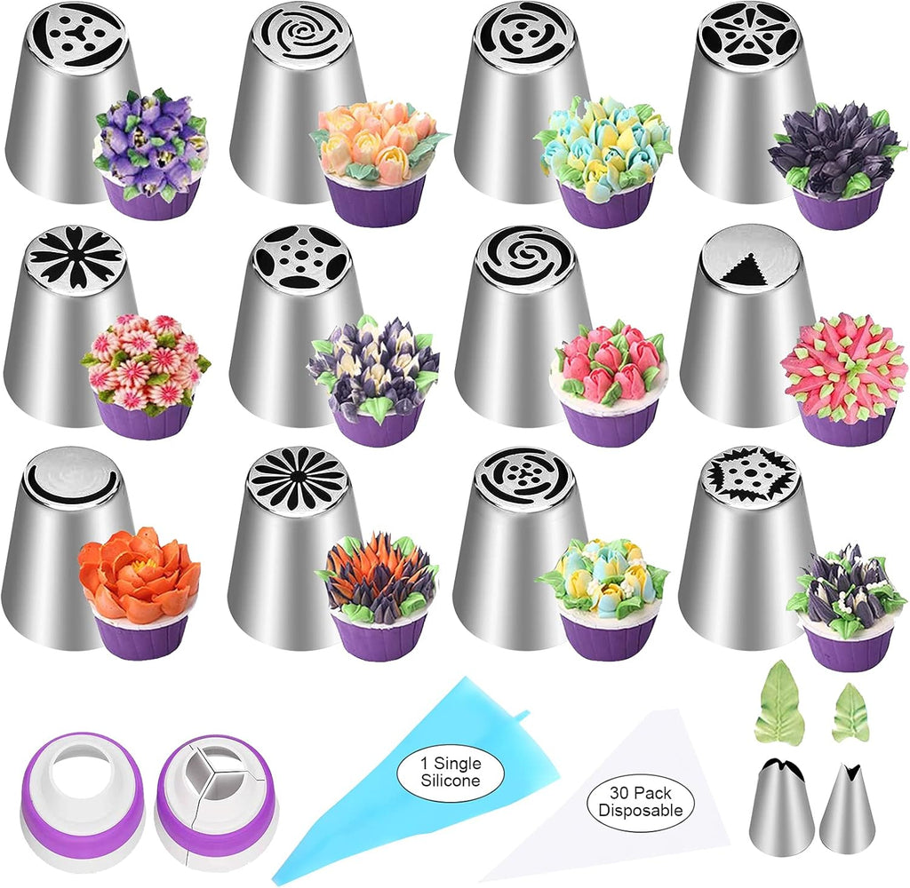 YLYL 47-Piece Russian Piping Tips Set - 12 Flower Icing Nozzles & Baking Supplies for Cakes, Cookies, Cupcakes