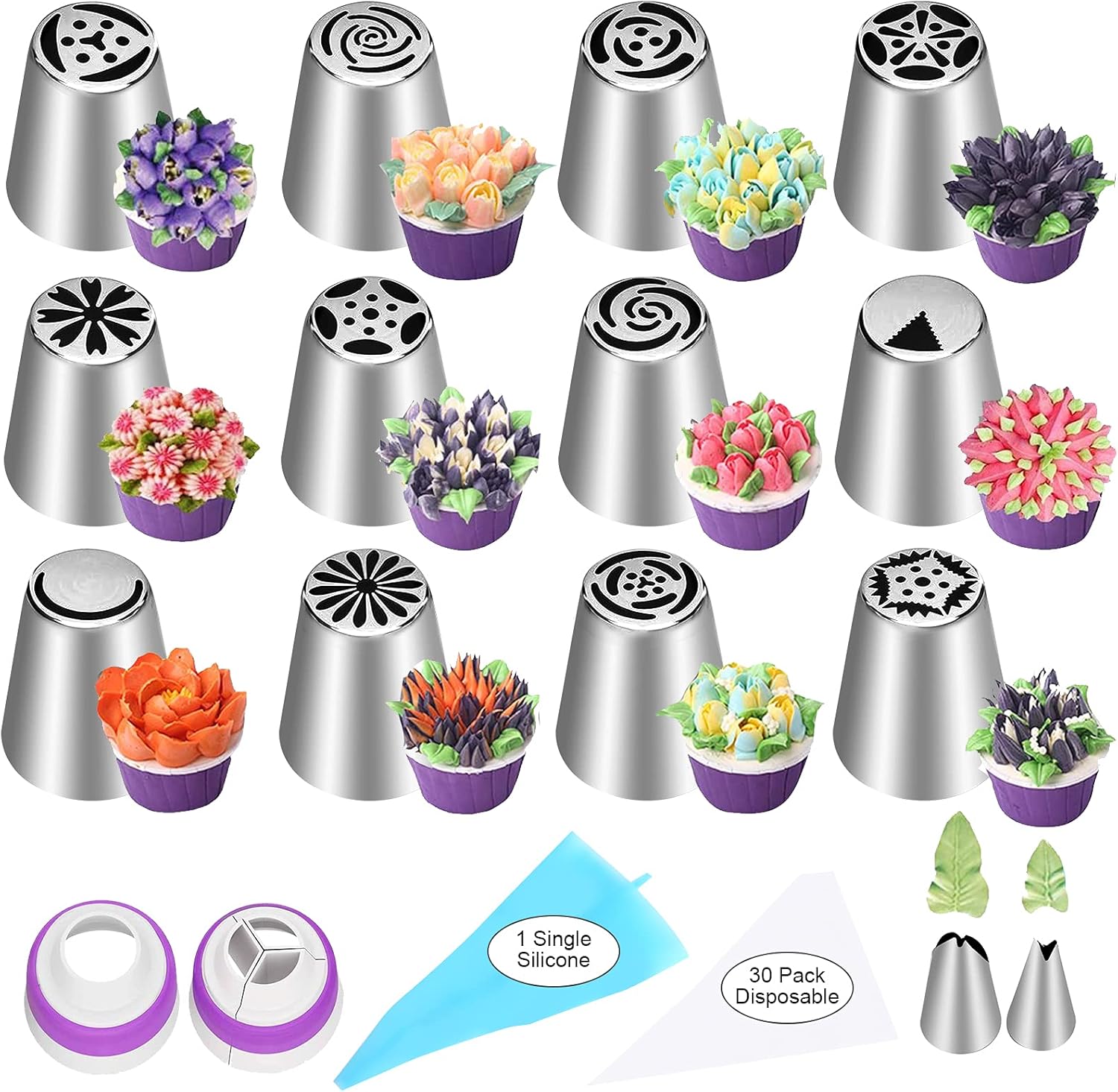 YLYL 47-Piece Russian Piping Tips Set - 12 Flower Icing Nozzles & Baking Supplies for Cakes, Cookies, Cupcakes