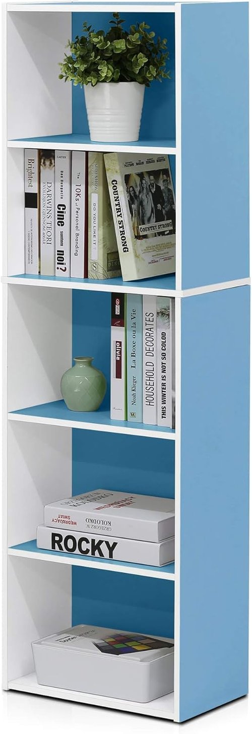 Furinno LUDER 5-Tier Bookshelf - Open Shelf Bookcase for Easy Assembly | White/Light Blue, 9.4 x 15.8 x 52