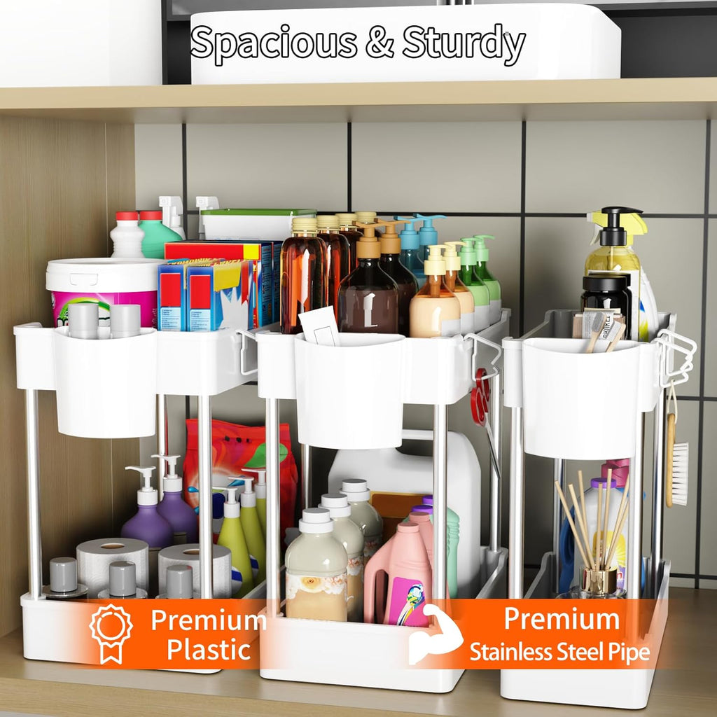 Skiennix 3-Pack Under Sink Organizers - 2-Tier Bathroom Cabinet Shelf with Hanging Cups | White