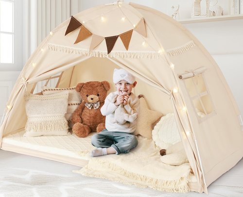 Lanabuna Full Size Bed Tent Canopy, Kids Play Tent with Flags & Star Lights, Canopy on Bed Privacy Space Sleeping Blackout Tents, Indoor Breathable Portable & Foldable, XL-Large Cream Tassels Style