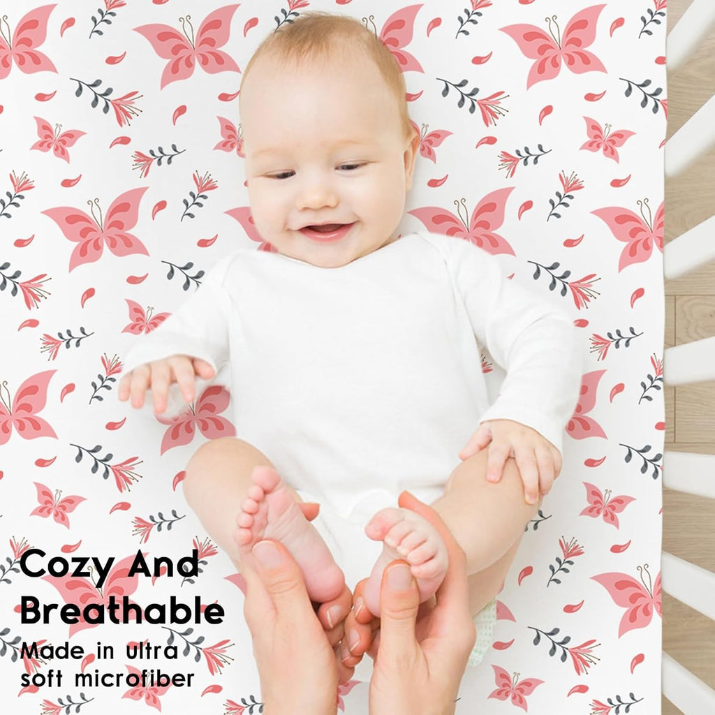 Yoofoss Fitted Pack and Play Sheets - Soft, Stretchy Mini Crib Sheets 2-Pack (Pink + Butterflies)