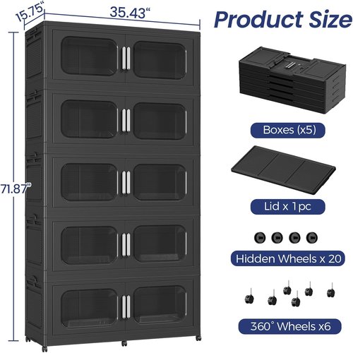 250GAL Extra Large Storage Bins - Stackable Collapsible Containers with Lids & Wheels | 5-Pack Black