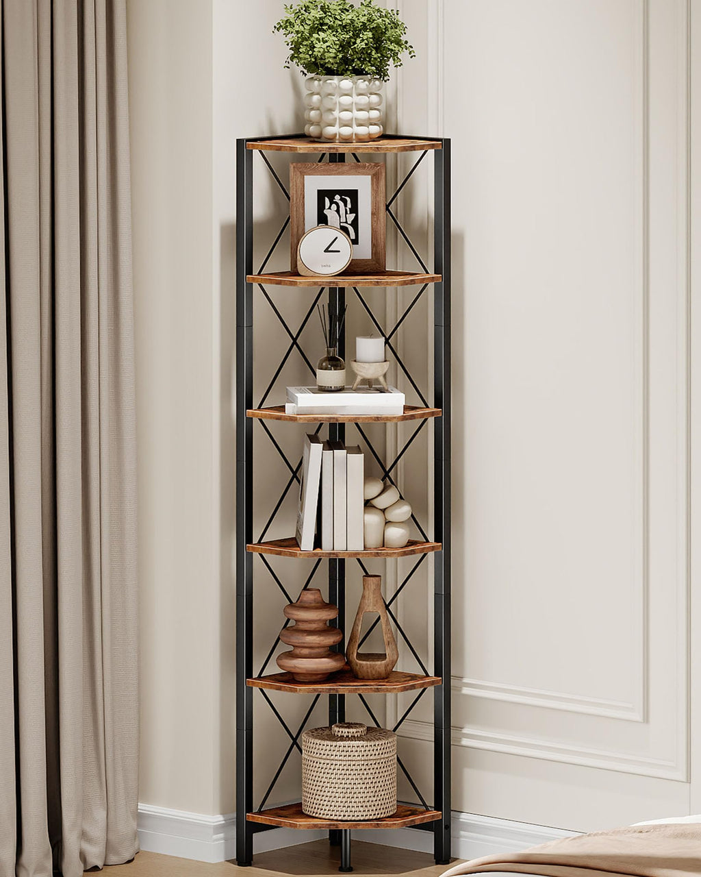 CHOEZON 6-Tier Corner Shelf, Corner Bookcase, 66.9" Tall Vertical Display Rack, Plant Stand, Open Storage Shelf, for Living Room, Bedroom, Study, Kitchen, Rustic Brown and Black TCJ13BF