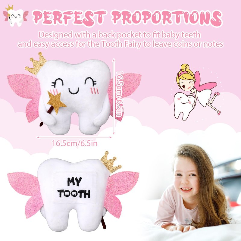Threehoney Tooth Fairy Pillow Kit Includes Toothfairy Pillow with Pocket Fairy Glitter Receipt Envelope Card, Toothfairy Plush Keepsake Gift for Kids Boys Girls Souvenir (Cute Style)