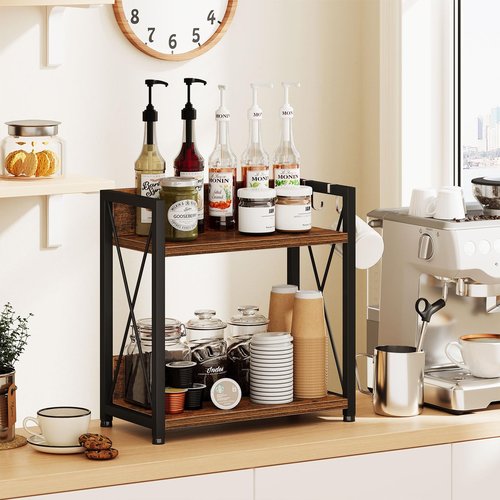 Snughome Countertop Shelf Organizer, Kitchen Counter Shelf with Hooks, 2 Tier Spice Rack for Kitchen Countertop,Coffee Station，(Rustic Brown, Large)