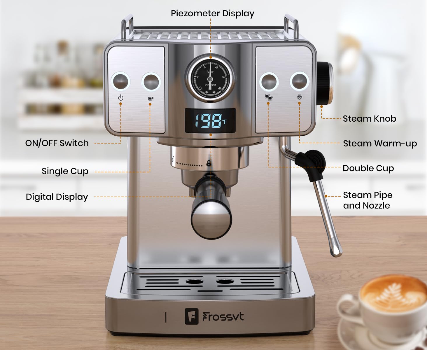 Frossvt Espresso Machine 20 Bar, Milk Frother Steam Wand, 60oz (1.8 Liters) Water Tank, 1350W for Home Barista Espresso Latte Macchiato and Cappuccino Maker
