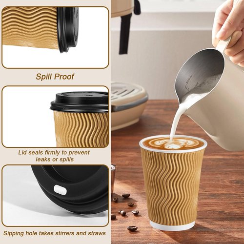 Lamosi 300 Pack - 5 oz Insulated Disposable Paper Coffee Cups with Lids, To Go Coffee Cups with Lids, Corrugated Ripple wall Cup for Hot Drink