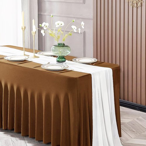 ManMengJi Table Cover and Table Skirt One-Piece for Folding Tables, 6FT Spandex Fitted Tablecloth with Ruffles Skirt for Weddings, Banquets, Parties, Vendors (Brown 1Pack)