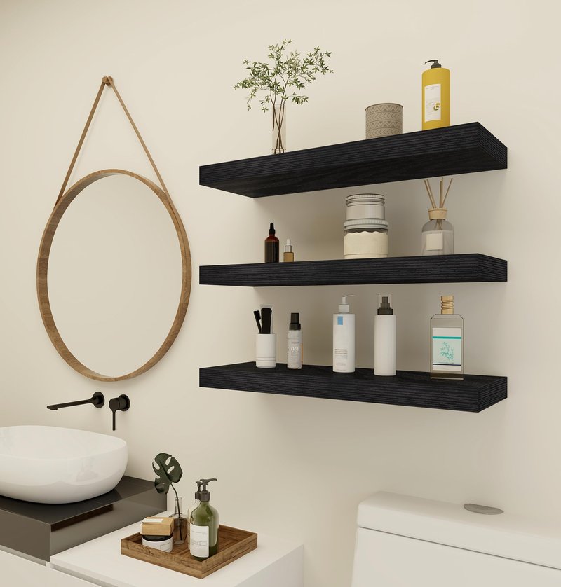 Vervida® 3 Pack Black Floating Shelves,24" W x 7.9" D x 1.5" H, Holds Up to 37 Lbs, Ideal for Living Room, Bedroom, Bathroom, Kitchen, Office, Storage, Display, with Invisible Brackets Wall Shelves