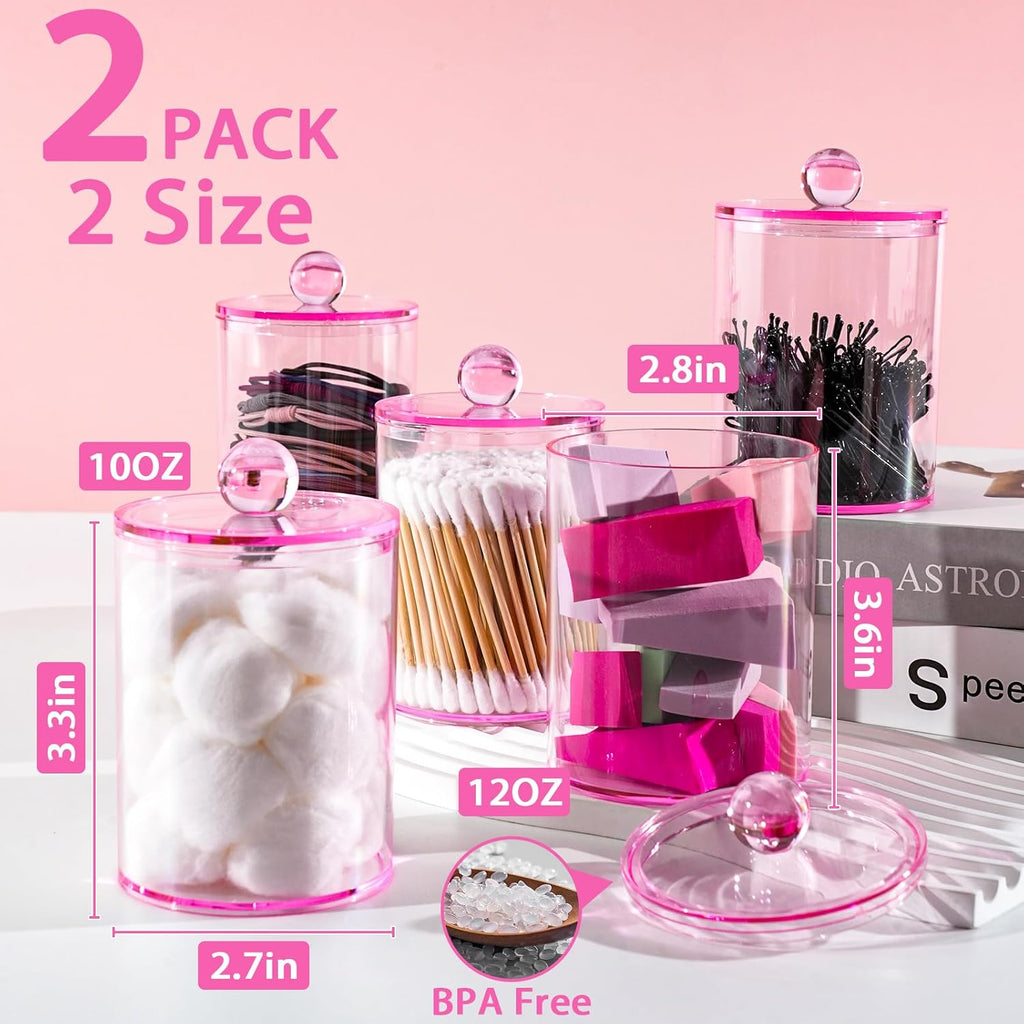 XIPENGKEJI Qtip Holder Set - Stylish Apothecary Jars for Bathroom Organization | 10oz-12oz Pink Canisters
