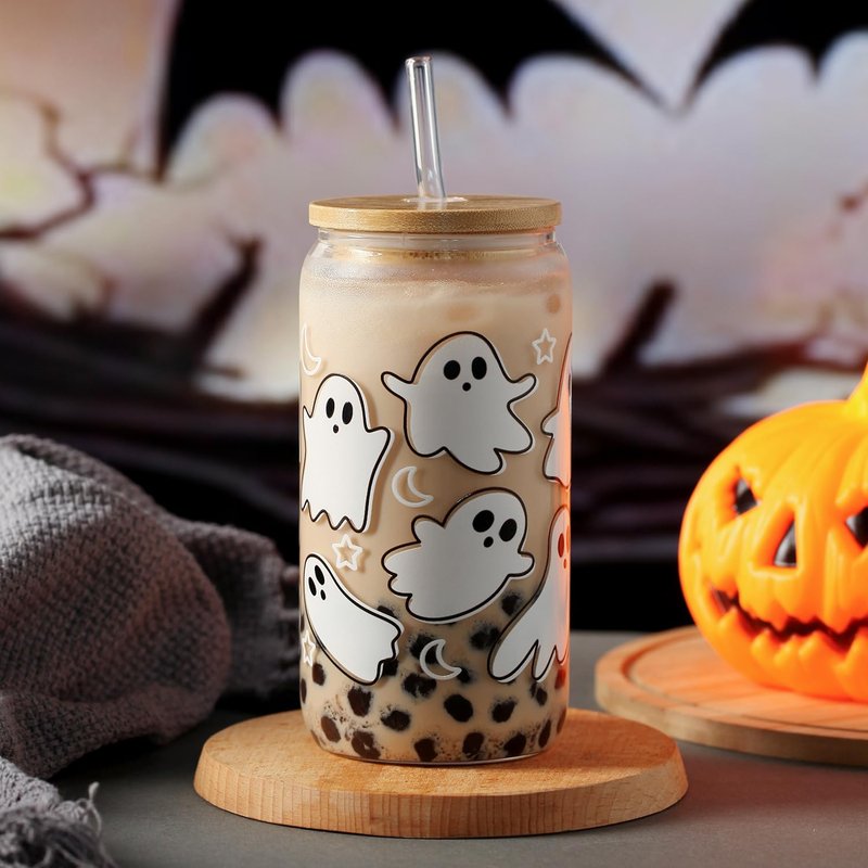 Halloween Pumpkin Ghost Glass Cup with Lids and Straws, 16 oz Glass Tumbler, Spooky Iced Coffee Mug for Smoothie, Cute Halloween Gifts for Women, Girls - Boo Basket Stuffers, Spooky Gifts for Teens