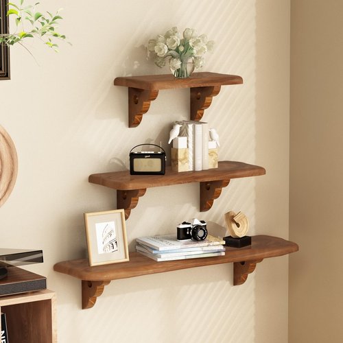 JOLLYMER 36" Live Edge Teak Wood Floating Shelf with Wood Bracket for Wall Decor – Rustic Wall Shelf for Living Room, Bedroom, Bathroom, Kitchen