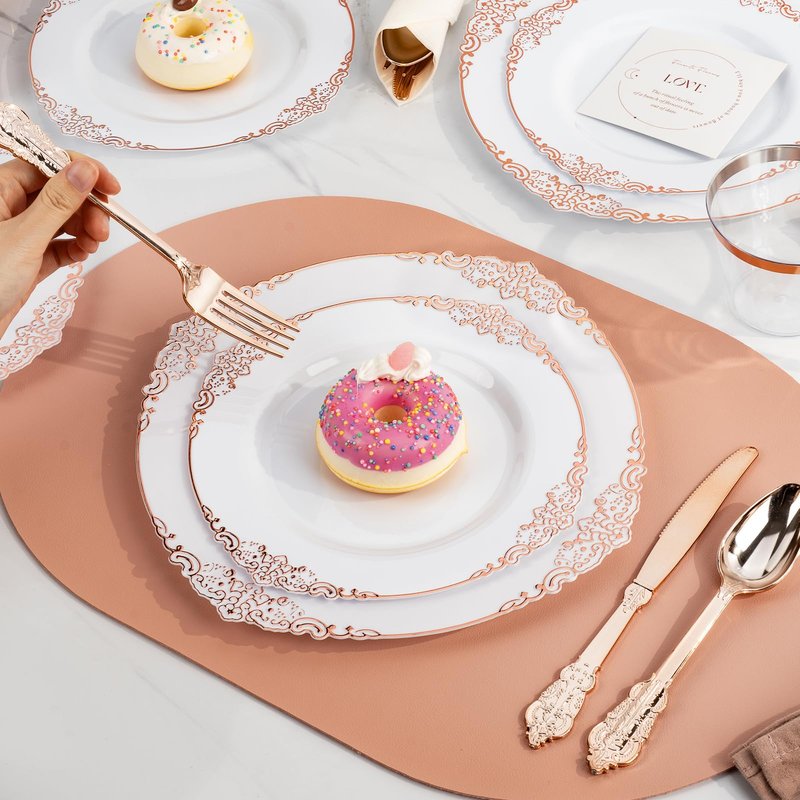 Bestluck 350PCS Rose Gold Plastic Plates for 50 Guests, Disposable Dinnerware Sets Include 100 Rose Gold Rim Plastic Plates, 50 Silverware and Cups, 50 Pre Rolled Napkins for Party, and Graduation
