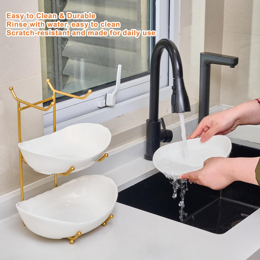 Lifevc Fruit Bowl for Kitchen Counter,3 Tier Fruit Holder with Gold Metal Stand, Tiered Fruit Basket for Fruit Vegetable Storage, Snack, Nuts, Cake, Dessert (White)