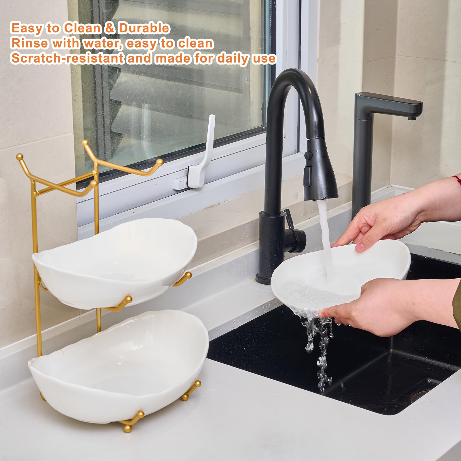 Lifevc Fruit Bowl for Kitchen Counter,3 Tier Fruit Holder with Gold Metal Stand, Tiered Fruit Basket for Fruit Vegetable Storage, Snack, Nuts, Cake, Dessert (White)