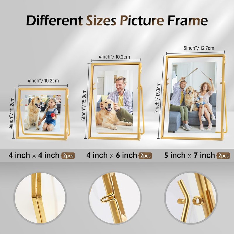 Jajamy Set of 6 Gold Glass Floating Picture Frame, Glass Pressed Flower Frames Collection, 4"x 4", 4"x 6", 5"x 7" Gold Picture Frame for Stand Tabletop Photo Display