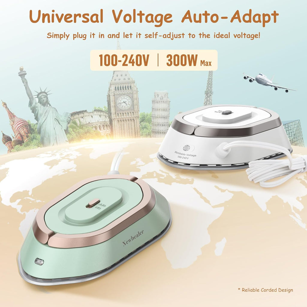 Newbealer Travel Iron - Mini Dry Iron with Global Voltage, 100-240V, 300W, Non-Stick Soleplate | Ultra-Lightweight Green