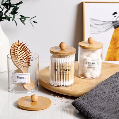 Apothecary Jar Qtip Holder Dispenser Set - 3 Pack Bamboo Lids for Stylish Vanity Organization
