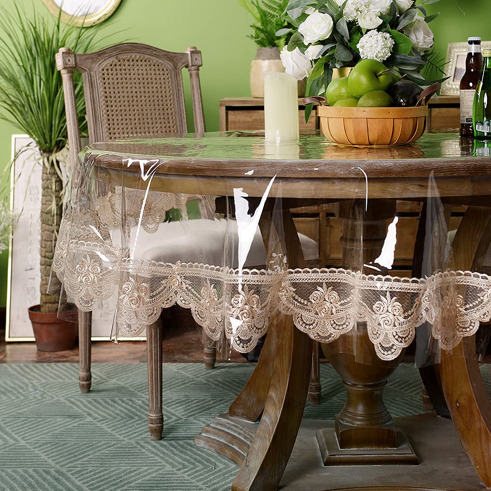 ARTABLE Vinyl PVC Rectangle Tablecloth Waterproof Clear Table Cover with Champagne Lace Macrame Border for Wedding Kitchen Home Outdoor Indoor Holidays Party Decor (Champagne, 70'' (Round))