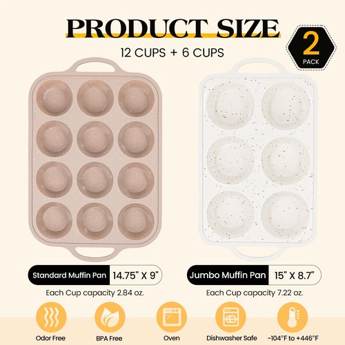 Vinino 2Packs Silicone Muffin Pans for Baking with Metal Reinforced Frame, 12 Cups Regular and 6 Cups Jumbo Nonstick Cupcake Pan, BPA Free Oven Dishwasher Safe Baking Mold for Muffins Cupcakes
