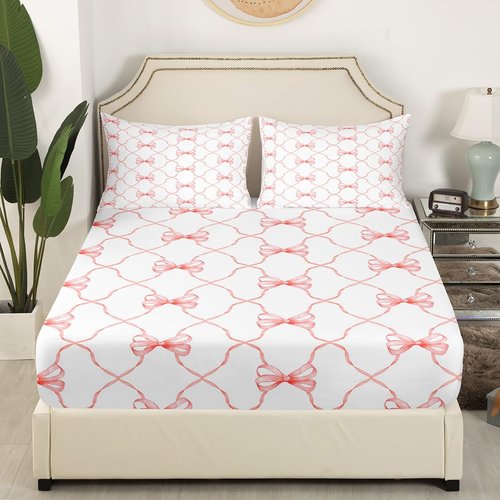 Erosebridal Kawaii Bow Bed Sheets Cute Bowknot Sheet Set Full for Kids Girls Teen Room Decor,Pink Girly Bow Bedding Set Fantasy Princess Bow Tie Bed Sheet Set 4 Piece