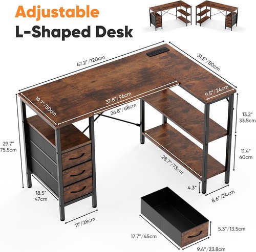 DUMOS L-Shaped Desk - 47-Inch Brown Corner Computer Desk with Power Outlet & Adjustable Shelves